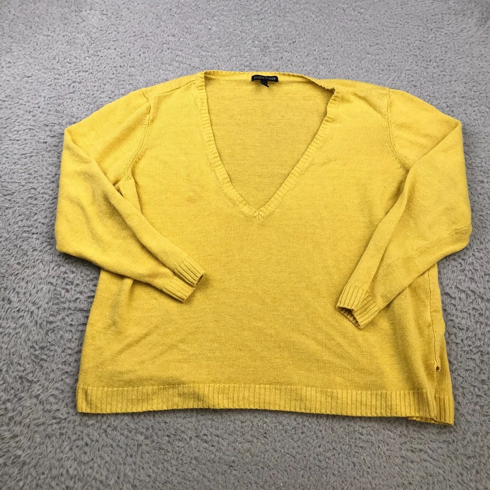 Eileen Fisher Sweater Womens L Yellow Linen Knit V Neck Lighweight Pullover Flaw